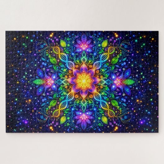 Kosmischer DNA-Mandala & Neonflora: Maximalist" Puzzle (Horizontal)