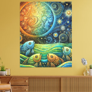 Kosmischer Fisch und himmlische Sonne Lebendige Oz Leinwanddruck