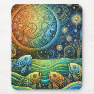 Kosmischer Fisch und himmlische Sonne Lebendige Oz Mousepad