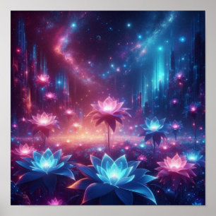 Kosmischer Garten leuchtend blühender Blumen Poster