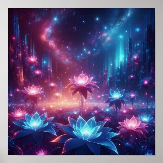 Kosmischer Garten leuchtend blühender Blumen Poster (Vorne)