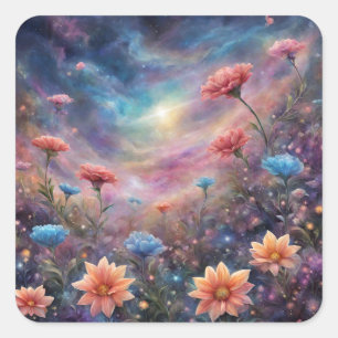 Kosmischer Himmel mit fantasievollen Blume Quadratischer Aufkleber
