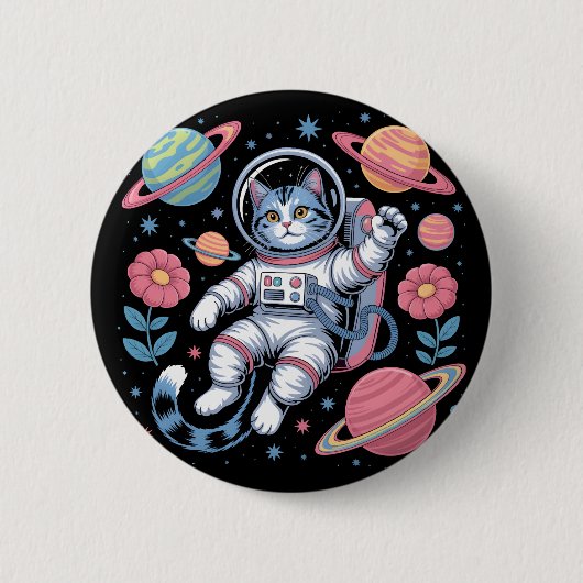 Kosmischer Katstronaut im Neon Space Vaporwave Button (Vorderseite)