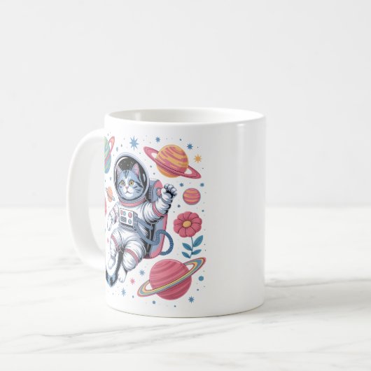 Kosmischer Katstronaut im Neon Space Vaporwave Kaffeetasse (Vorderseite Links)
