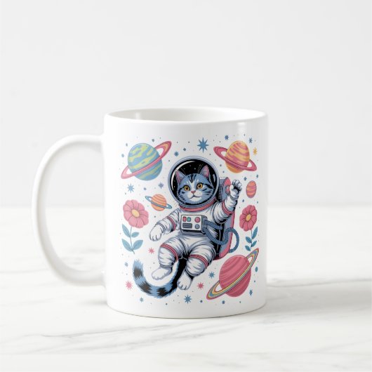 Kosmischer Katstronaut im Neon Space Vaporwave Kaffeetasse (Links)
