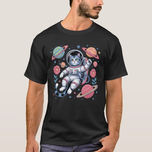 Kosmischer Katstronaut im Neon Space Vaporwave T-Shirt (Vorderseite)
