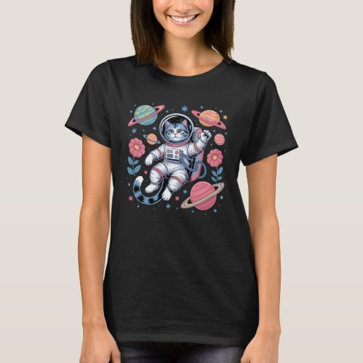 Kosmischer Katstronaut im Neon Space Vaporwave T-Shirt (Vorderseite)