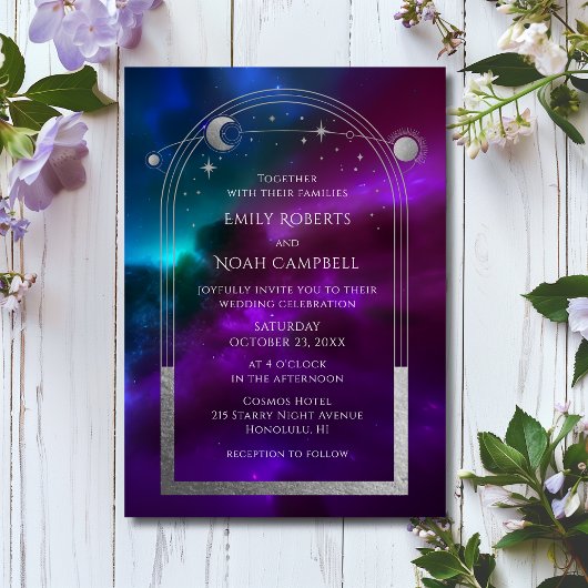 Kosmischer Lila Aquamariner Silver Sun Moon Astron Einladung