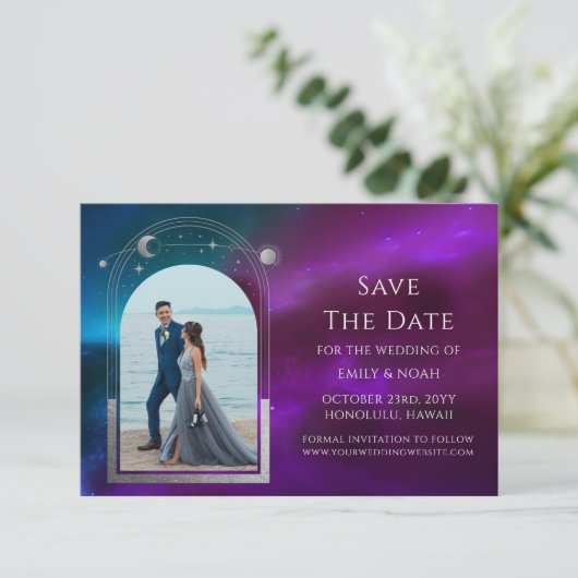 Kosmischer Lila Aquamariner Silver Sun Moon Astron Save The Date (Stehend Vorderseite)