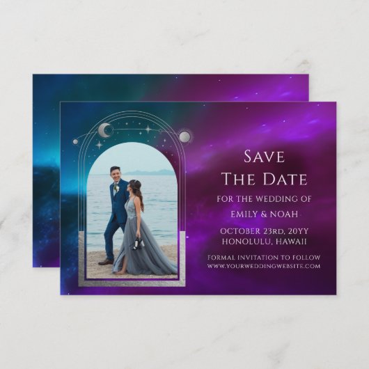 Kosmischer Lila Aquamariner Silver Sun Moon Astron Save The Date (Vorne/Hinten)
