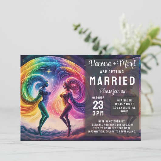 Kosmischer Regenbogen Feminine Energie Lesben Hoch Einladung (Stehend Vorderseite)