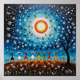 Kosmischer Tanz - Surreal Warli Landschaft Poster