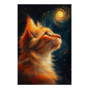 Kosmischer Träumer   Sternengucker-Kater mit rotem Poster