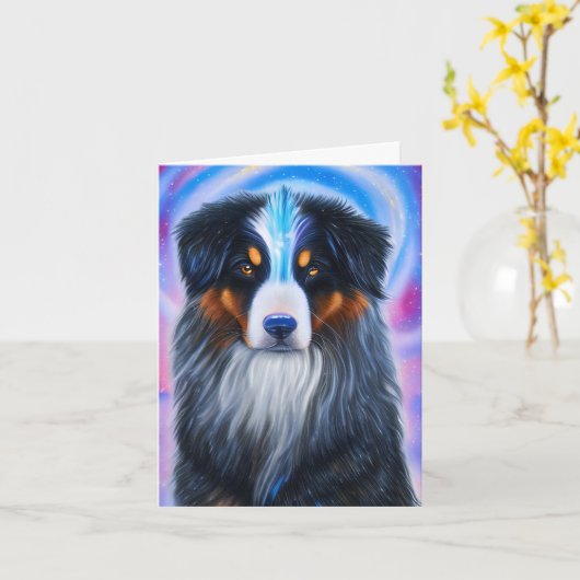 Kosmischer Tri Color Austrailian Shepherd, Geburts Karte (Gelbe Blume)