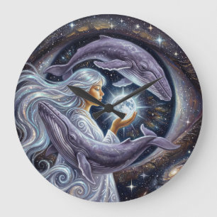 Kosmischer Wal und das Mädchen Surrealistische W Große Wanduhr