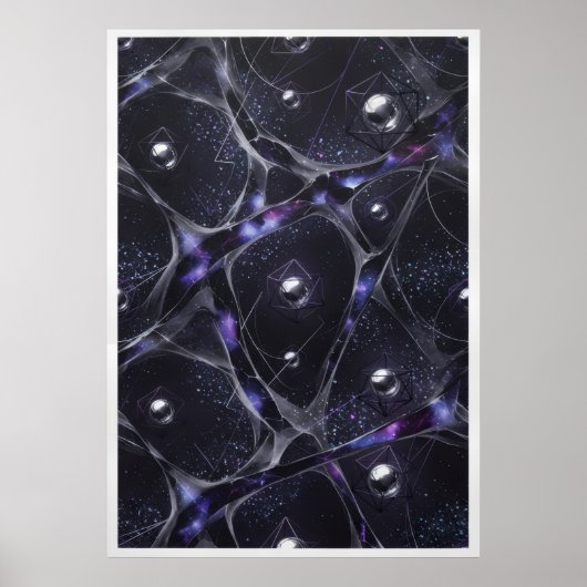 Kosmischer Web Silber Orbs Abstrakter Poster (Vorne)