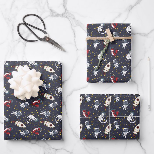 Kosmischer Weltraum-Mann-Fuchs-Katze-Sterne-Muster Geschenkpapier Set (Vorderseite)