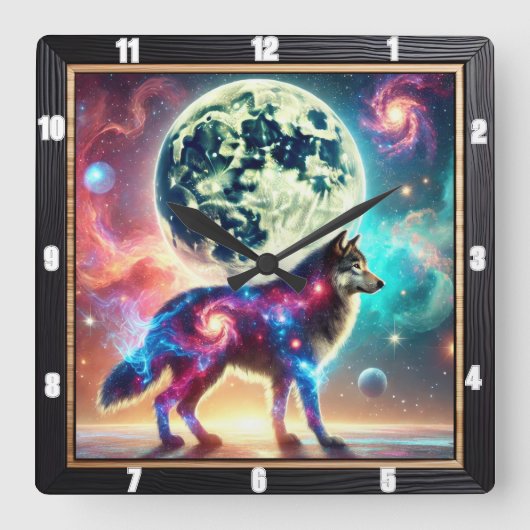 Kosmischer Wolf mit galaktischen Elementen und Mon Quadratische Wanduhr (Vorderseite)