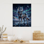 Kosmischer Wolf unter dem Aurorahimmel Poster (Küche)