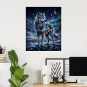 Kosmischer Wolf unter dem Aurorahimmel Poster (Heimbüro)
