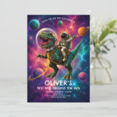 Kosmisches Dinosaurier 1. Geburtstag Einladung (Stehend Vorderseite)