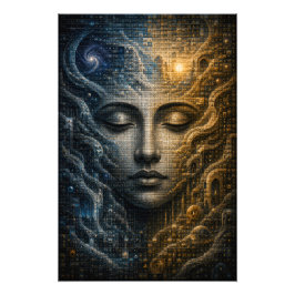 Kosmisches Dualitäts-Mikro-Mosaik-Gesicht 3D-Poste Fotodruck