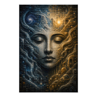 Kosmisches Dualitäts-Mikro-Mosaik-Gesicht 3D-Poste Fotodruck