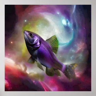 Kosmisches Flugfisch-Kunstwerk im digitalen AI-Fan Poster