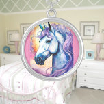Kosmisches Lila Einhorn Versilberte Kette<br><div class="desc">Ein hübsches Einhorn mit einer lila Mähne mit kosmischem Hintergrund. Digitale Gestaltung in Aquarellfarben. Perfektes Design für Kinder und Erwachsene auf vielen trendigen Produkten! Passen Sie Ihre Hintergrundfarbe oder Ihren Text an!</div>
