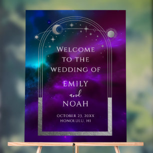 Kosmisches Lila Türkis Sonne Mond Sterne Willkomme Acrylschild