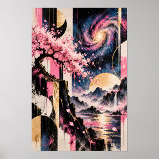 Kosmisches Sakura Mond-Geometrie Rosa Gold Mond Ku Poster