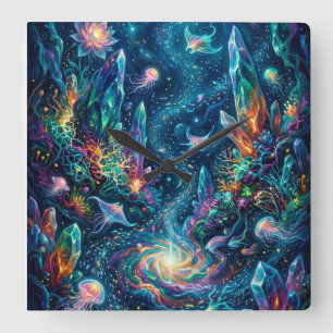 kosmisches Tiefsee-Biolumineszenz-Kunstplakat Quadratische Wanduhr