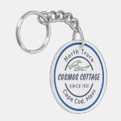 Kosmos Hütte Schlüsselanhänger mit Logos und Foto (Vorderseite links)