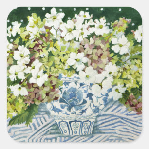Kosmos und Hydrangeas in einer chinesischen Vase 2 Quadratischer Aufkleber