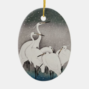Koson Reiher im Schnee: Vintage-Japan Keramik Ornament