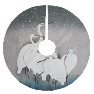 Koson Reiher im Schnee: Vintage-Japan Polyester Weihnachtsbaumdecke