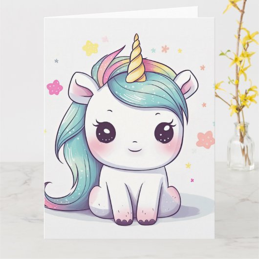 Kostbare Pastel Kawaii Einhorn Karte (Gelbe Blume)