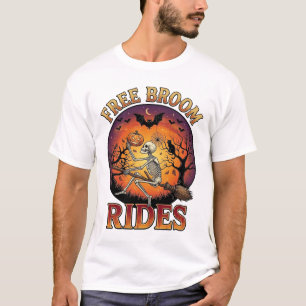 Kostenlose Besenfahrten Halloween-Skelett-Kürbis-S T-Shirt
