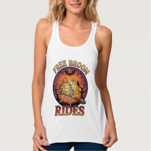 Kostenlose Besenfahrten Halloween-Skelett-Kürbis-S Tank Top
