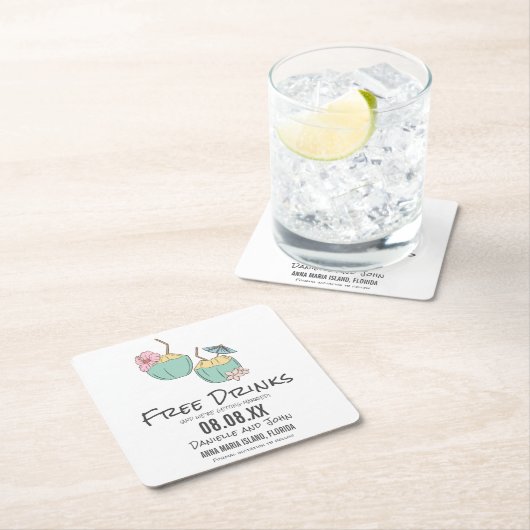 Kostenlose Drinks Coconut Beach Hochzeit Save the  Rechteckiger Pappuntersetzer (Vor Ort)