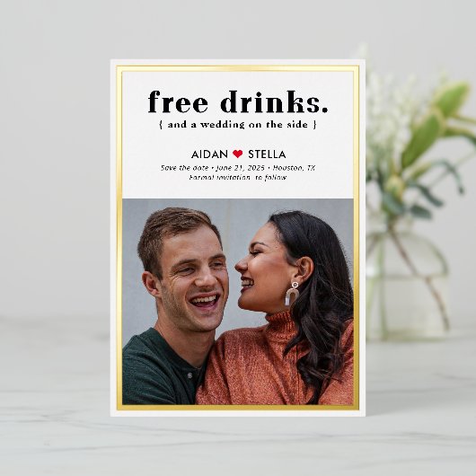 Kostenlose Drinks FOIL Fun Wedding Save the Date C Folieneinladung (Stehend vorne)