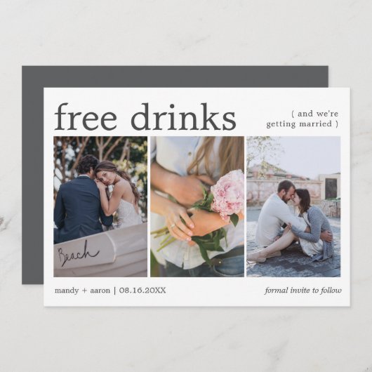 Kostenlose Getränke 3 Foto Hochzeit speichern Sie Save The Date (Vorne/Hinten)