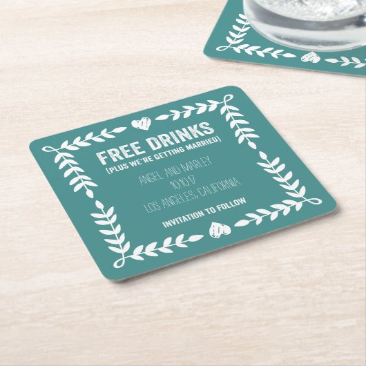 Kostenlose Getränke Erlangung Save the Date Unters Rechteckiger Pappuntersetzer (angewinkelt)