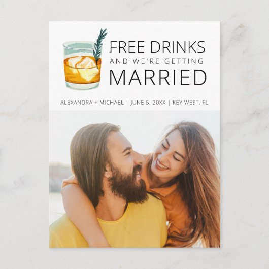 Kostenlose Getränke für Hochzeiten sparen das Datu Ankündigungspostkarte (Vorderseite)