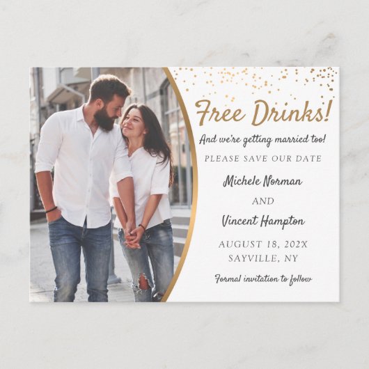Kostenlose Getränke! Lässig Save the Date mit Foto Postkarte (Vorderseite)