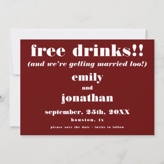 Kostenlose Getränke Lässige Burgunder Hochzeit spa Save The Date (Vorderseite)