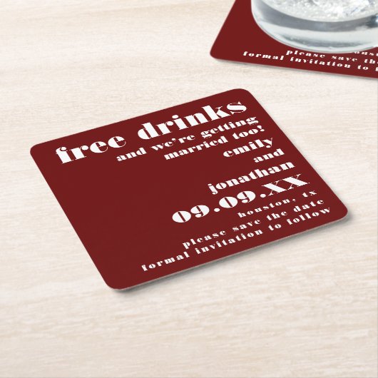 Kostenlose Getränke Save the Date heiraten Rechteckiger Pappuntersetzer (angewinkelt)