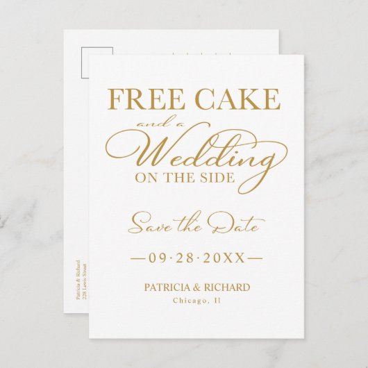 Kostenloser Kuchen und eine Hochzeit Save the Date Postkarte (Vorne/Hinten)