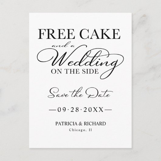 Kostenloser Kuchen und eine Hochzeit Save the Date Postkarte (Vorderseite)