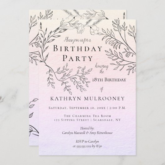 Köstliche BlumenKonturen auf Rosa-18. Einladung (Vorne/Hinten)